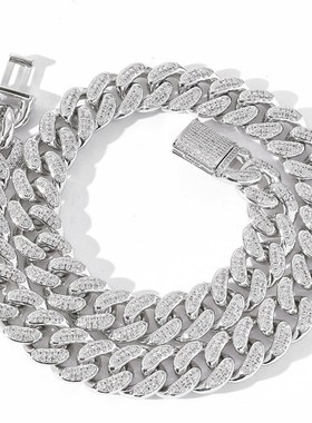 亚马逊跨境欧美项链男嘻哈15mm古巴链嘻哈饰品翻U盖扣男士嘻哈配