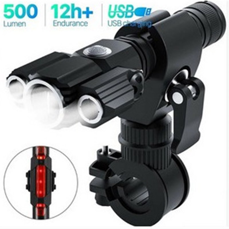 自行车灯T6旋转多功能LED强光夜骑手电筒USB尾R灯套装骑行装备配