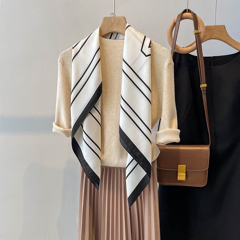 法式搭肩丝巾女g长条春秋款洋气时尚黑白色条纹90cm大方巾百搭披