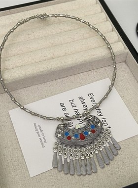 波西米亚复古民族风o流苏镂空吊坠项链女苗疆古典异域项圈旅游配