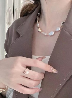 天然异形巴洛克锁l骨链ins高级感小众复古淡水珍珠项链女百搭秋冬