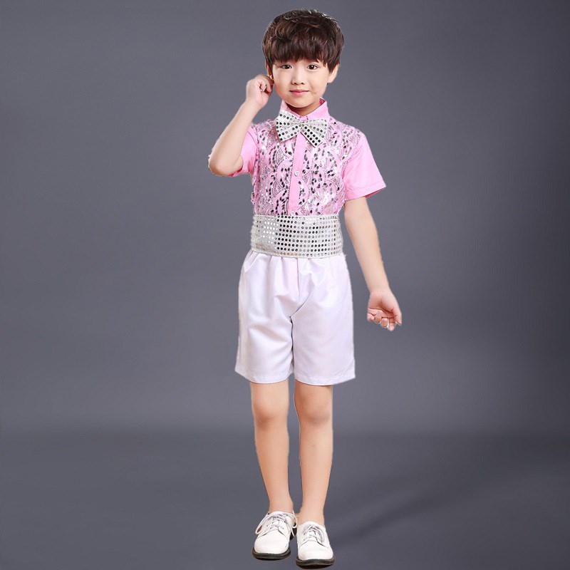 儿童合唱演出服夏季男q孩中小学生亮片舞蹈幼儿园背带裤表演服装