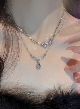 水晶爱心粉色水钻双层项链女锁骨链网红气M质新娘颈链脖子装饰配