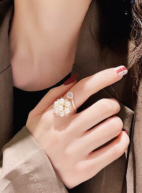 个性网红花朵珍珠戒m指超仙铜微镶锆石开口指环女时尚设计气质优
