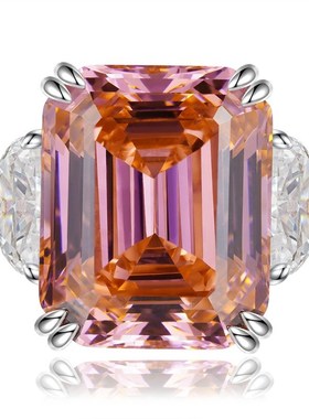 珠宝直播款长方15克拉女戒款戒圈落日橙粉色阿斯U切戒指s925银