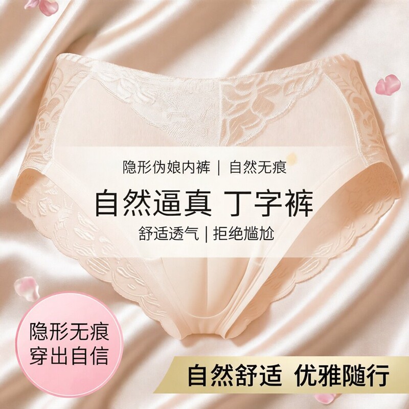 大码CD伪娘蕾丝透明男扮女变装内裤性感大佬男假阴隐藏jj三角裤头