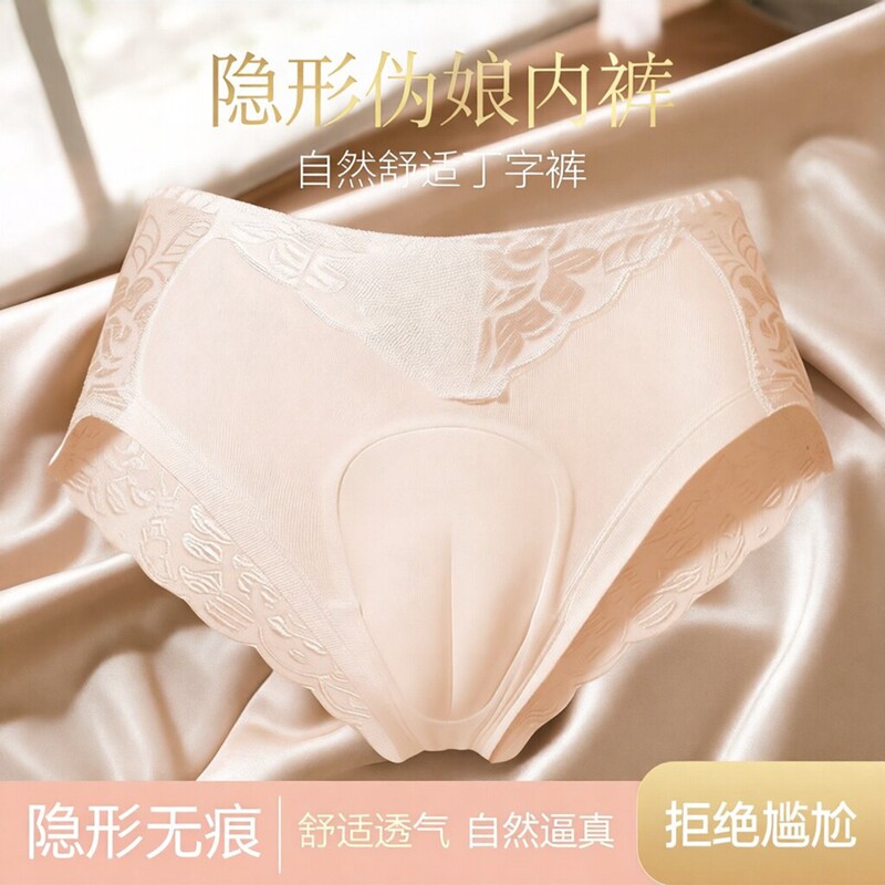 大码CD伪娘蕾丝透明男扮女变装内裤性感大佬男假阴隐藏jj三角裤头