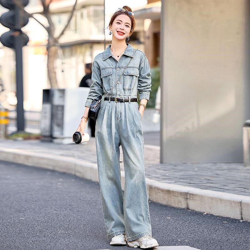 春季牛仔连体裤工装套装阔腿裤气质女神范网红2025炸Y街新款春秋