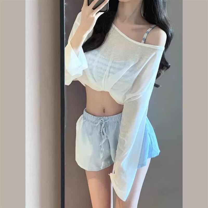 四件套泳衣女高级感少女学生泳装显瘦宽松罩衫海边度假Y泡温泉蓝