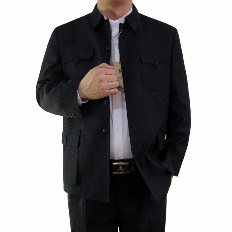 爸爸装中老年中山装加绒加厚毛氏哔叽中山装藏蓝色父亲套装