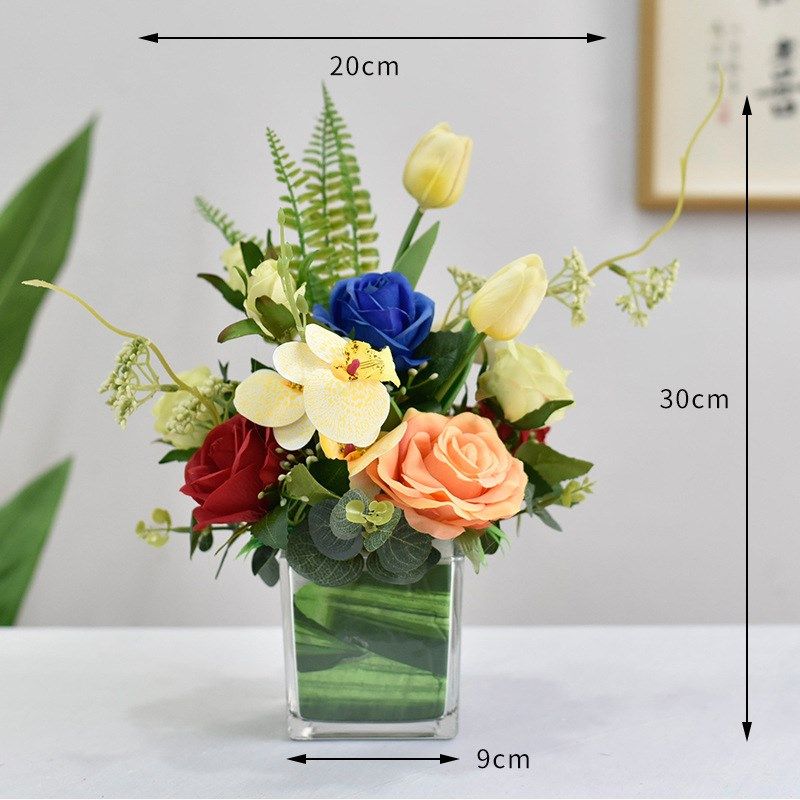 玻璃方杯餐桌花摆花仿真花摆件客厅酒店饭厅商务会议桌面装饰花艺
