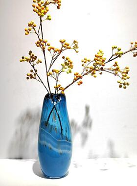 现代简约收口金粉蓝色玻璃花瓶家居样板房客厅桌面插花摆件