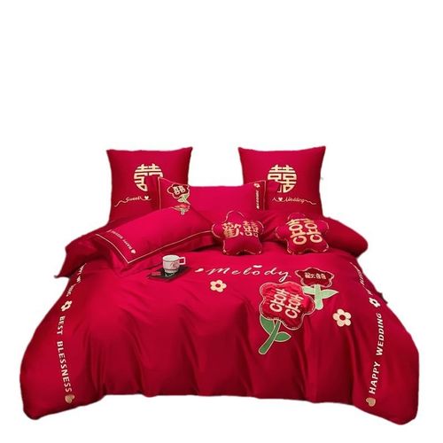 婚庆六件套加厚大红色简约刺绣结婚礼喜庆婚嫁床单四件套床上用品