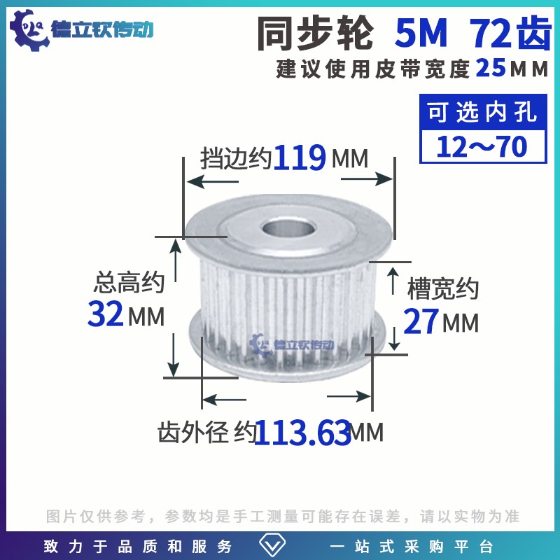 同步带皮带轮5M72齿带宽25槽宽27内孔可加工两面平米思米同步齿轮