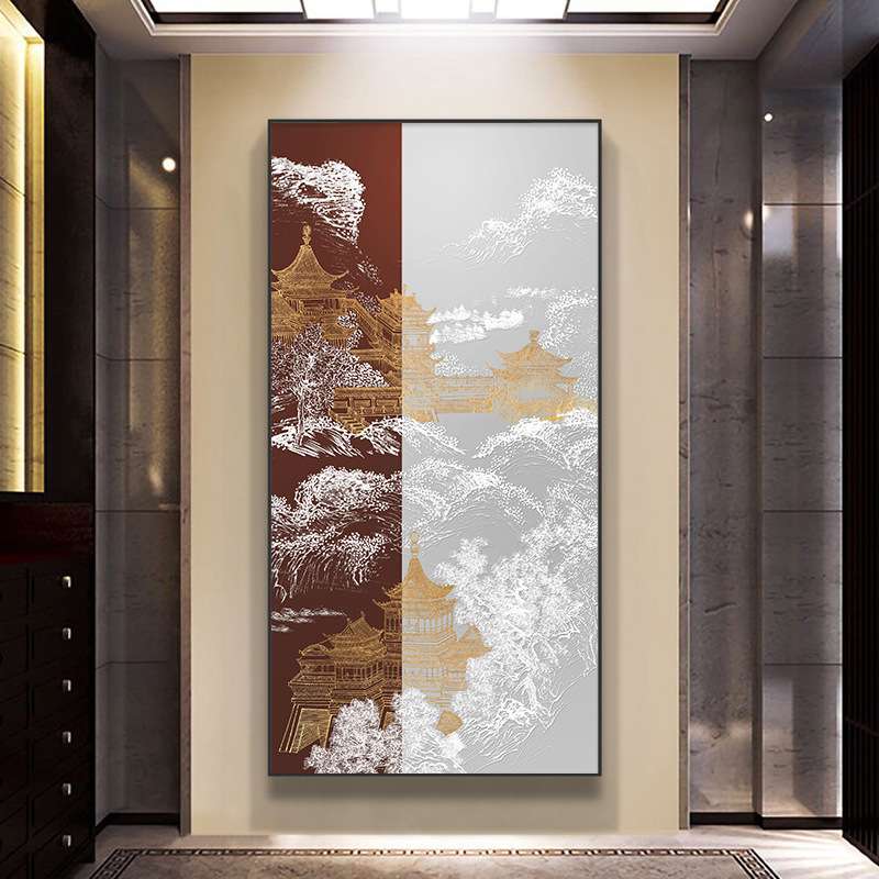新中式建筑入户玄关装饰画中国风客厅过道挂画禅意山水画竖版壁画图片