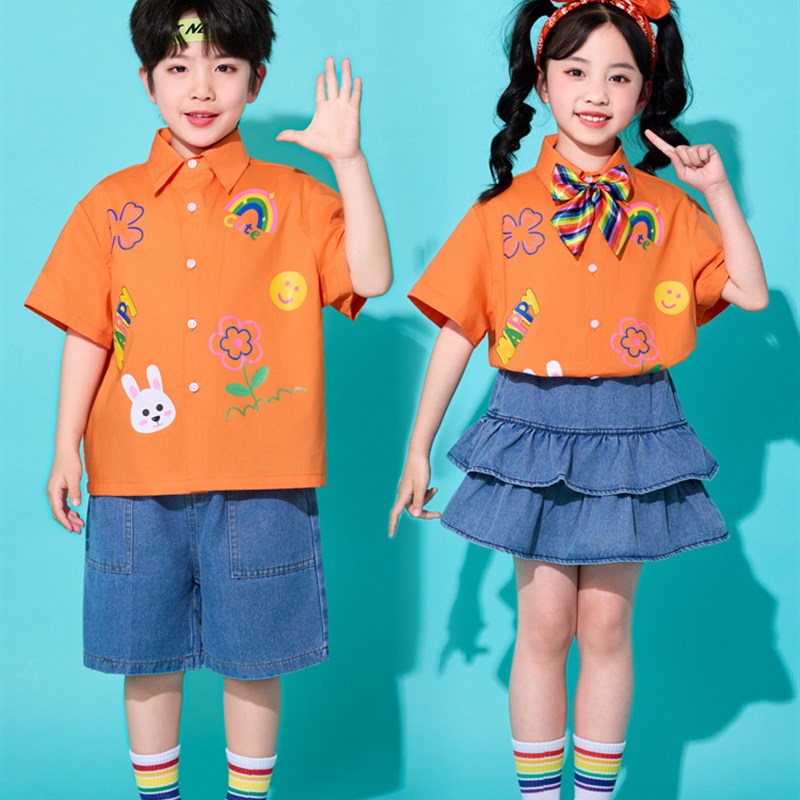儿童拉拉队表演小学生r橙色服装男女朗诵比赛可爱衬衫表演服装