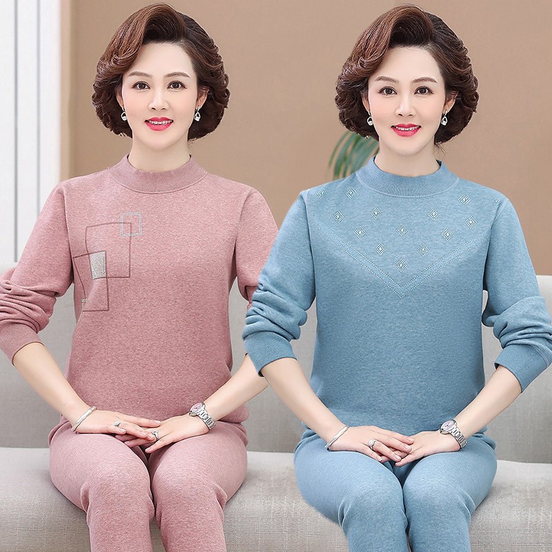 中领老年人保暖内衣套装女士奶奶加E厚加绒老人妈妈全棉秋衣冬宽