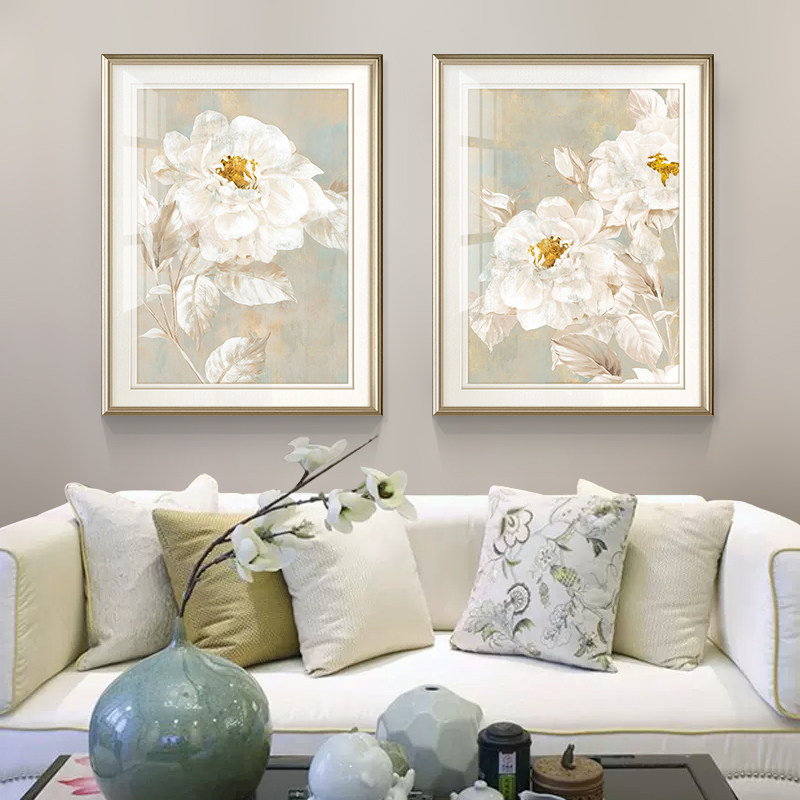 美式现代客厅沙发背景装饰v画卧室床头抽象植物花卉挂画白花梦