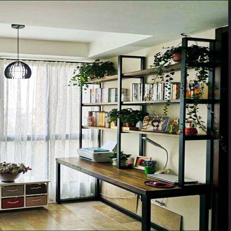 简约现代书桌书架组合家用一体桌小户型loft工业风实木电脑桌双人