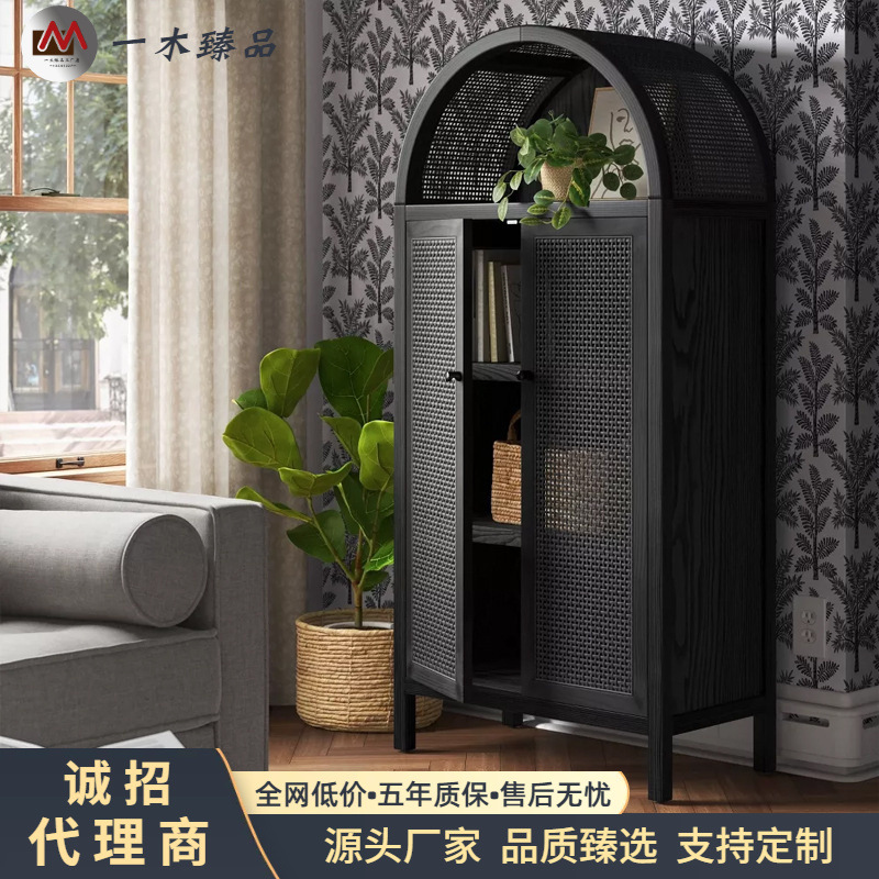 美式轻奢编藤拱形书柜现代简约客厅收纳柜法式乡村复古实木展示柜