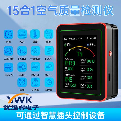 Tuya WiFi 15合1二氧化碳监测仪PM0.3-10温湿度CO2空气质量检测仪