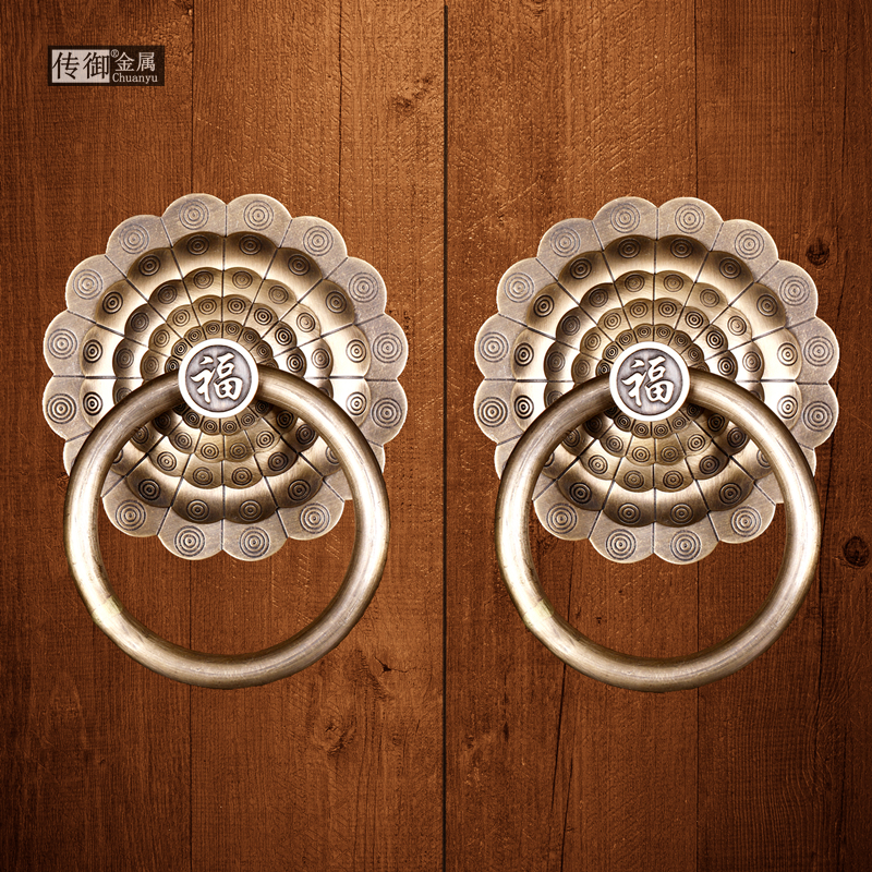 仿古铜门环明装新中式纯铜木门把手单孔拉手加粗带福字老式大拉环