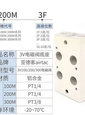 亚德客电磁阀底座3V100M-2F/3F/4F/5F/6F/7F/8F/10F 3V110汇流排