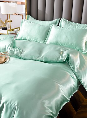 夏天冰丝四件套黑色简约丝滑裸睡纯色床单被套凉感宿舍床上三件套