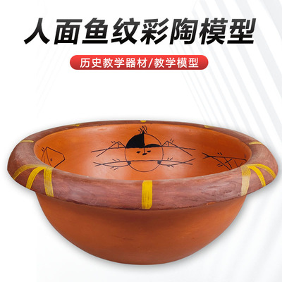 人面鱼纹彩陶模型 仿古做旧陶器新石器时代仰韶文化鱼纹彩陶盆半