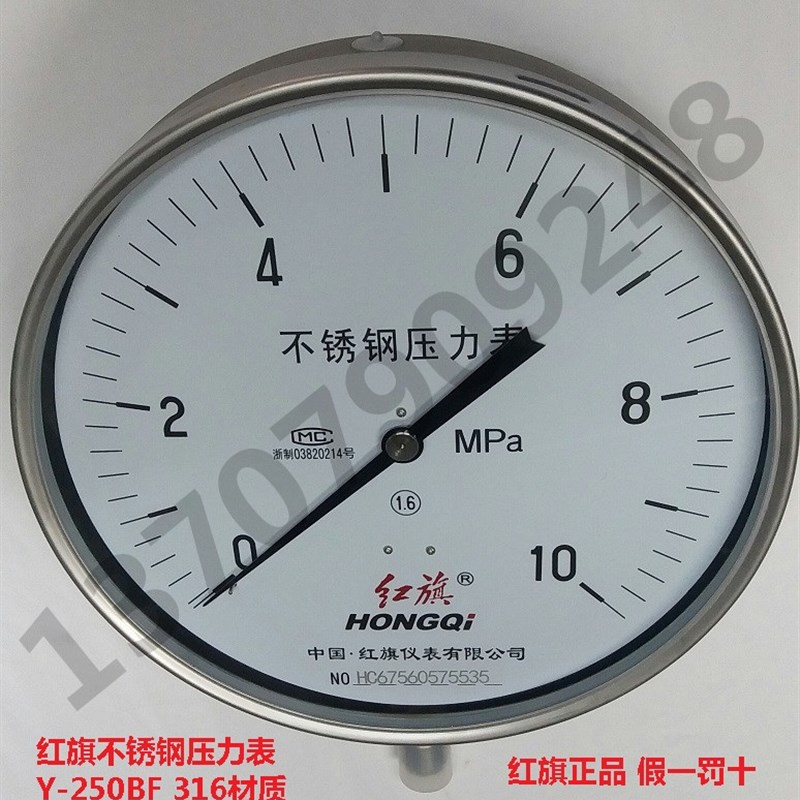 红旗不锈钢压力表Y-250BF 316材质 耐高温压力 耐腐蚀压力表