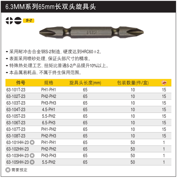 史丹利工具6.3MM系列65mm长双头旋具头63-106T/107T/108T-23