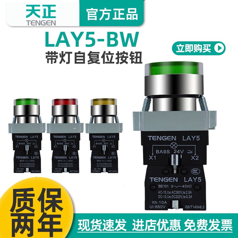 天正带灯按钮开关LAY5/BV6-BW3361/3462启动停止自复位平头LED灯