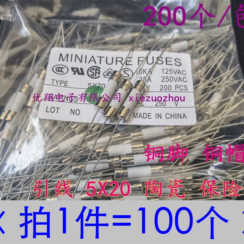 引线陶瓷5X20双帽保险丝管5*20 F10A/12A/15A/20A/25A/30A(100个)