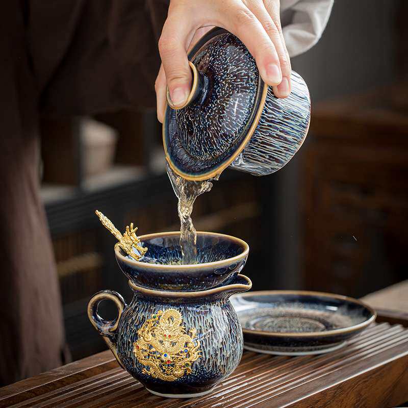 景德镇天目釉镶金茶具套装鎏银整套茶壶茶杯功夫陶瓷家用送礼代发