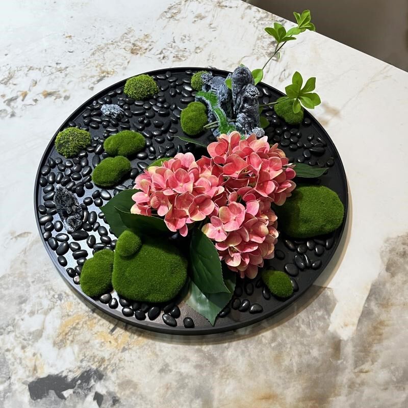 酒店包间圆形餐桌转盘中间装饰摆件假山手感绣球假花艺微景观盘景