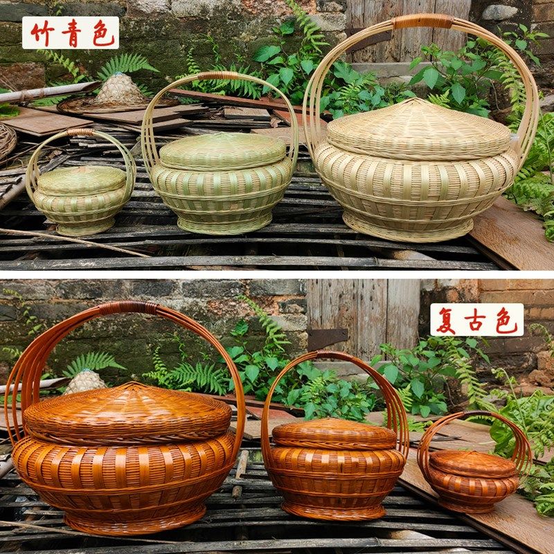 竹编提篮家用圆形带盖大号拜神篮竹制品收纳筐鸡蛋篮竹篮子采摘篮图片