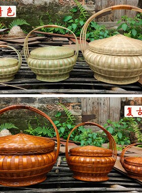 竹编提篮家用圆形带盖大号拜神篮竹制品收纳筐鸡蛋篮竹篮子采摘篮