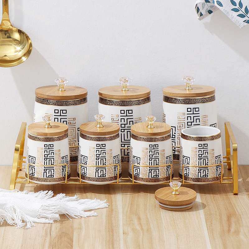 竹盖水晶顶珠陶瓷密封罐五谷杂粮储物厨房用品食品收纳罐子