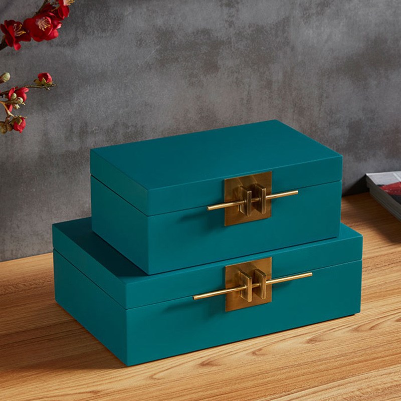 木制新中式翻盖烤漆木盒样板房玄关软装饰品首饰盒五金装饰摆件盒