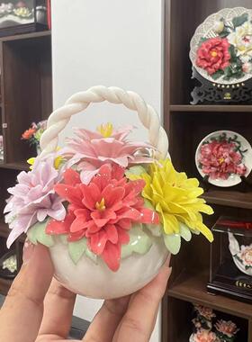 新品陶瓷手捏大丽花牡丹花小篮子立体摆件手工花朵节日礼品橙色