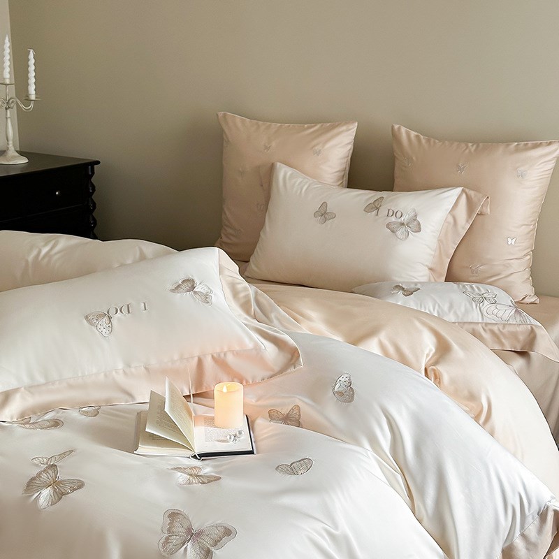 少女心法式柔软80s兰精天丝棉四件套公主风蝴蝶刺绣被套床单1.8m