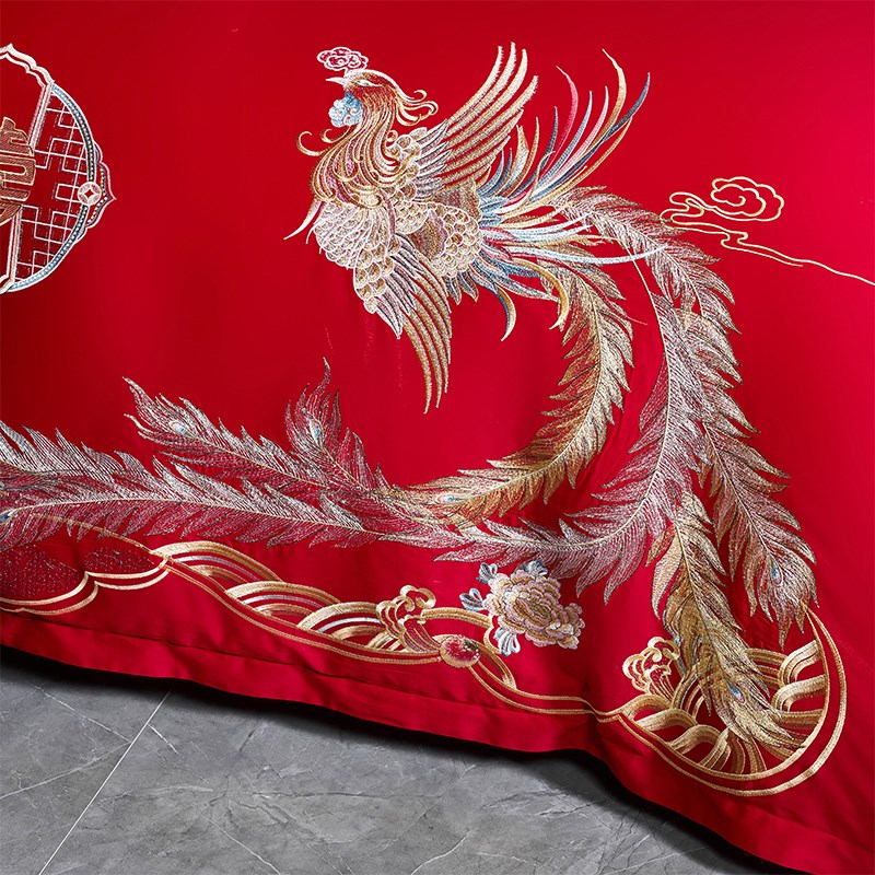 婚庆四件套全棉龙凤刺绣结婚陪嫁床单被套床上用品多件套