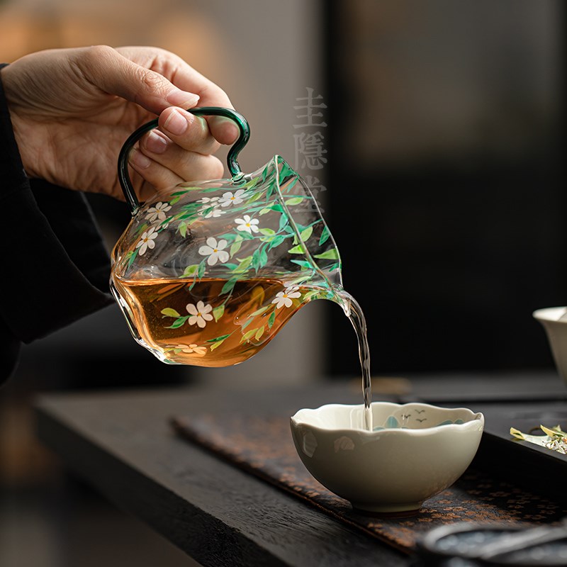 圭隐堂纯手绘耐热玻璃公道杯加厚带把泡绿茶公杯匀茶杯分茶器茶海