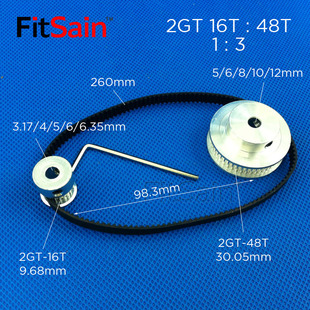 2GT带宽6同步轮16齿48齿GT2皮带轮1 3减速孔5 FitSain