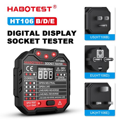 HABOTEST华博HT106数显电源极性检测器多功能相位检测插座测试仪