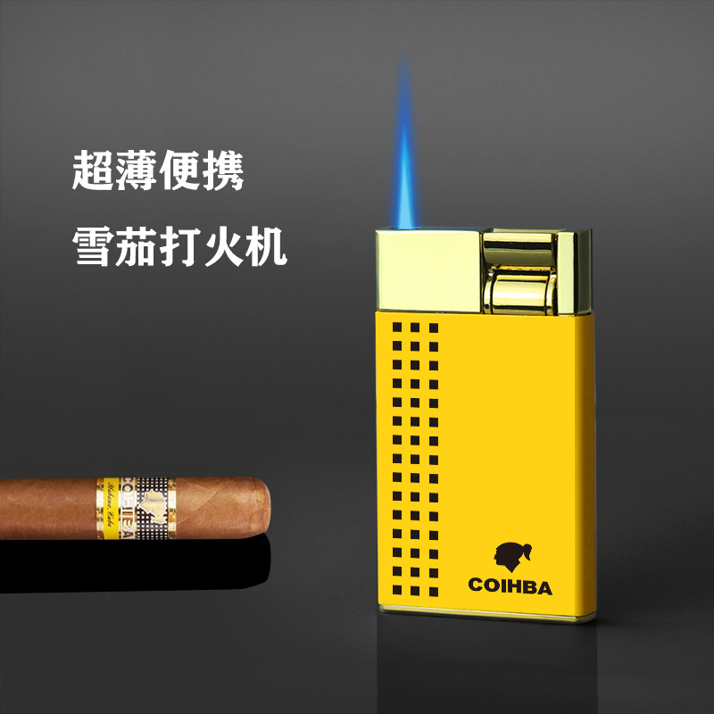 古巴雪茄打火机超薄创意金属直冲蓝焰防风充气按压打火机高端
