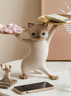 翡丽沙雕妖娆猫摆件客厅装饰品玄关钥匙收纳托盘新居乔迁礼品轻奢