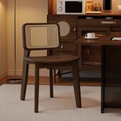 实木藤编椅简约家用靠背椅子书桌椅中古风凳子餐桌椅休闲胡桃木色