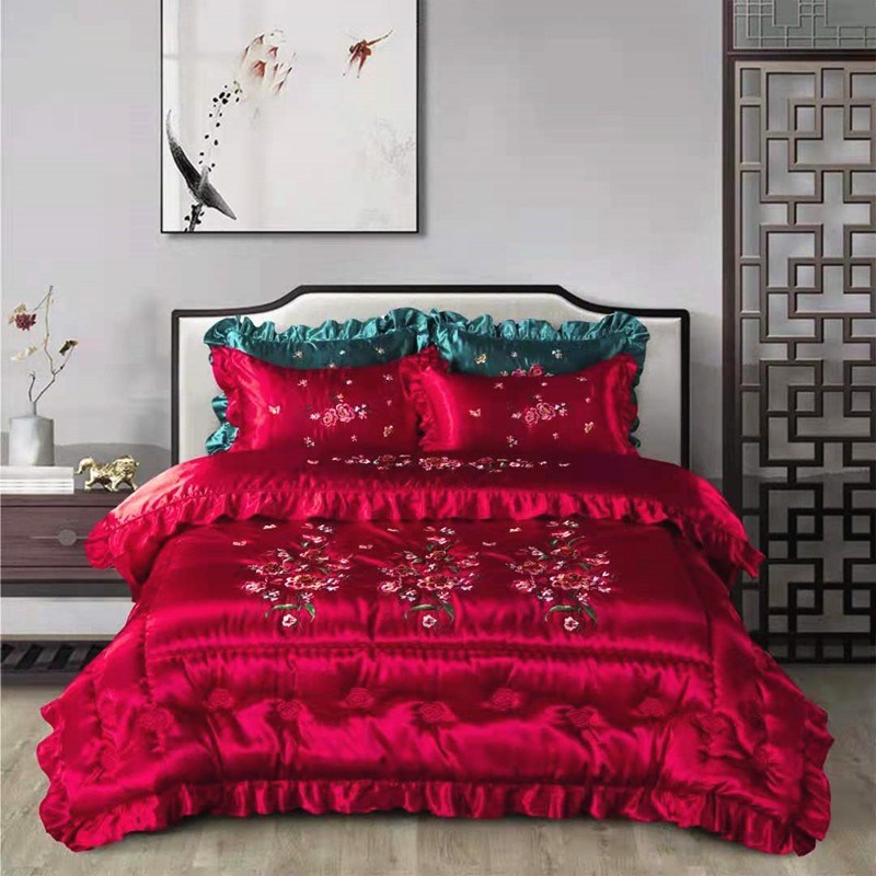 韩版活套绣花被子结婚喜被子软缎丝绸被可拆洗双人秋冬被2米