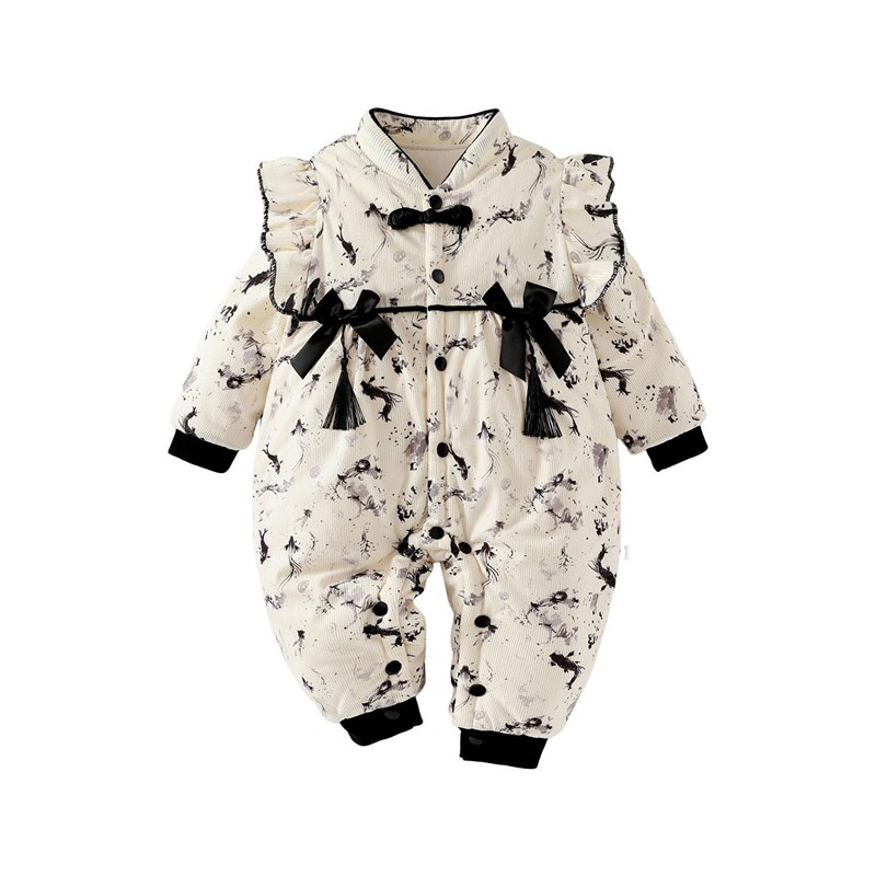 新生儿连体哈衣秋冬保暖加厚手工棉花婴儿爬爬服女宝宝外出服棉衣